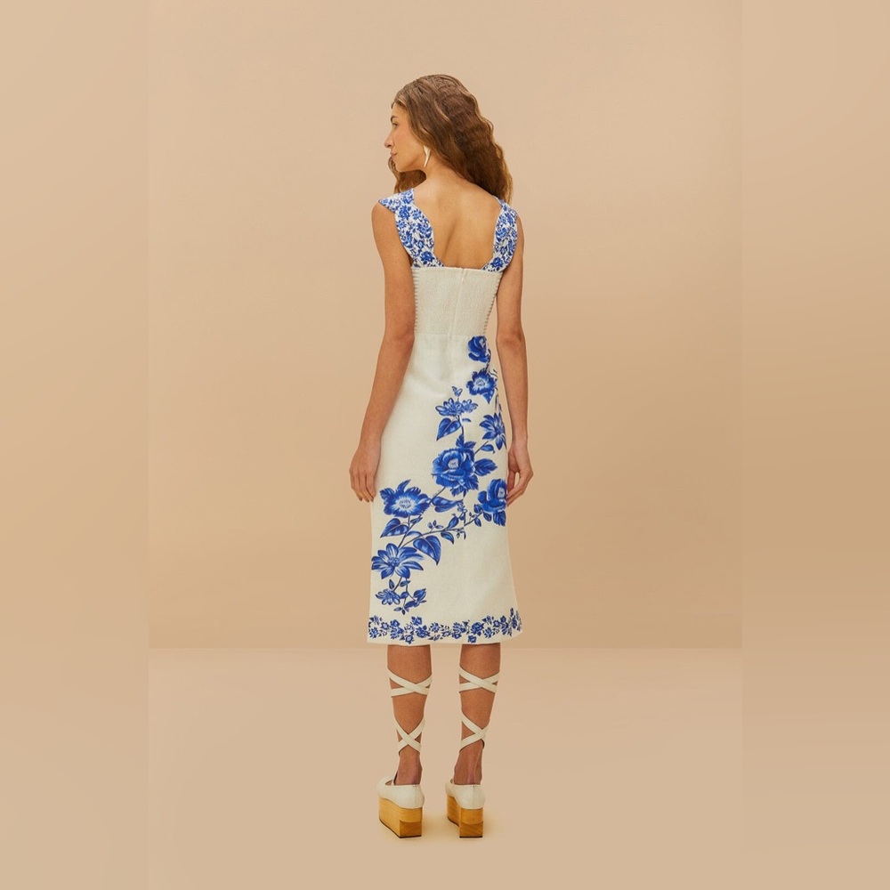 FARM RIO Floral Cascade Wavy Euroflax Premium Linen Midi Dress,Large,$280 - Picture 4 of 9
